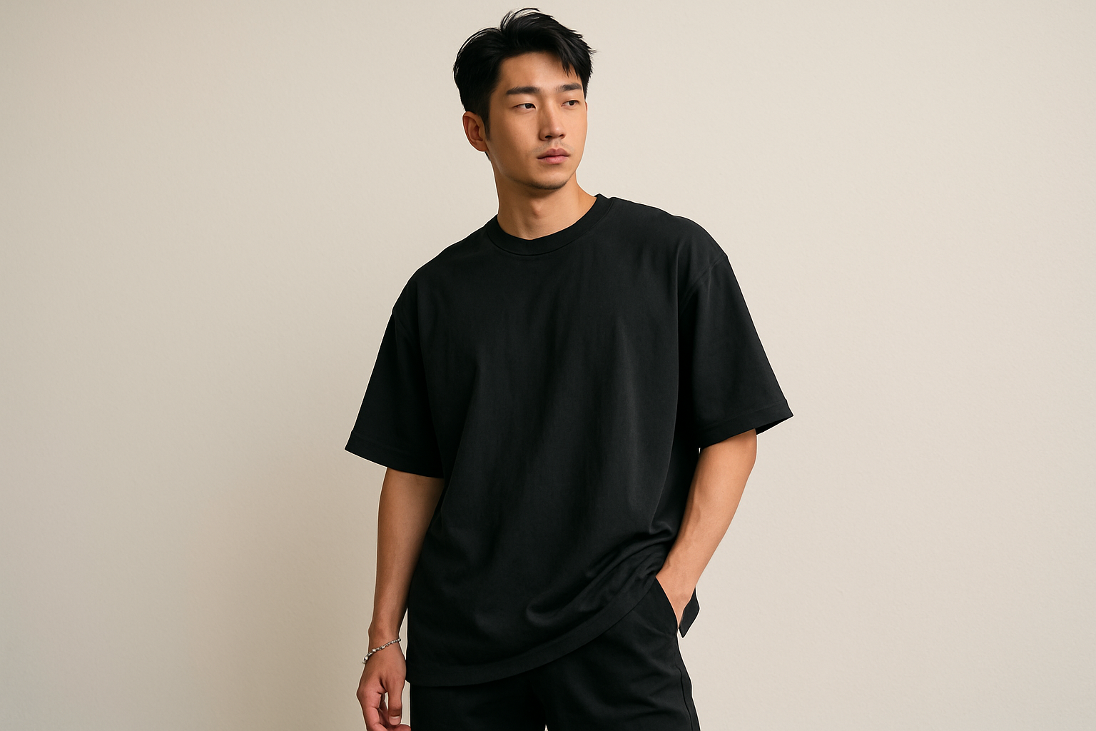 25-28 Year Korean Boy Wearing Baggy Tshirt and Standing Stylish position