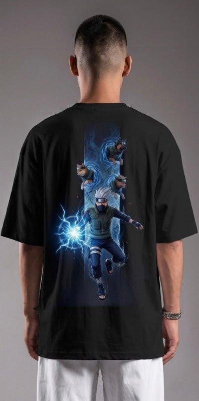 Man wearing black oversized anime T-shirt with lightning character graphic on the back