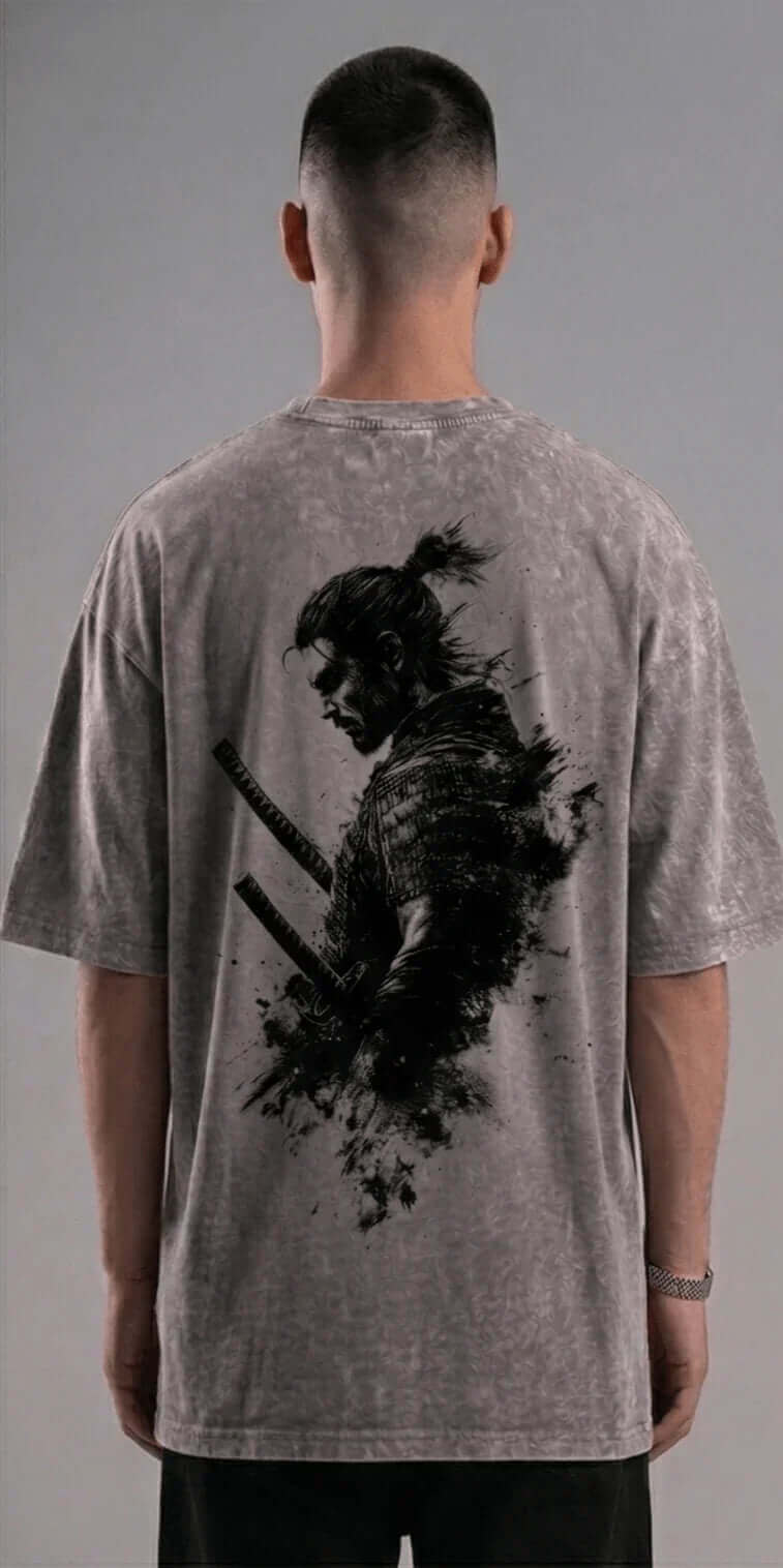 Oversized Samurai Graphic T-Shirt for Men | Washed Grey Streetwear Tee