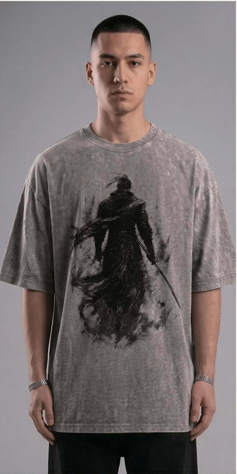 Oversized Samurai Graphic T-Shirt for Men | Washed Grey Streetwear Tee