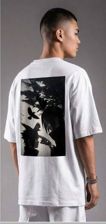 White oversized t-shirt with black anime graphic print on back, streetwear style