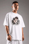 Man in white oversized t-shirt with anime graphic, streetwear style, neutral background